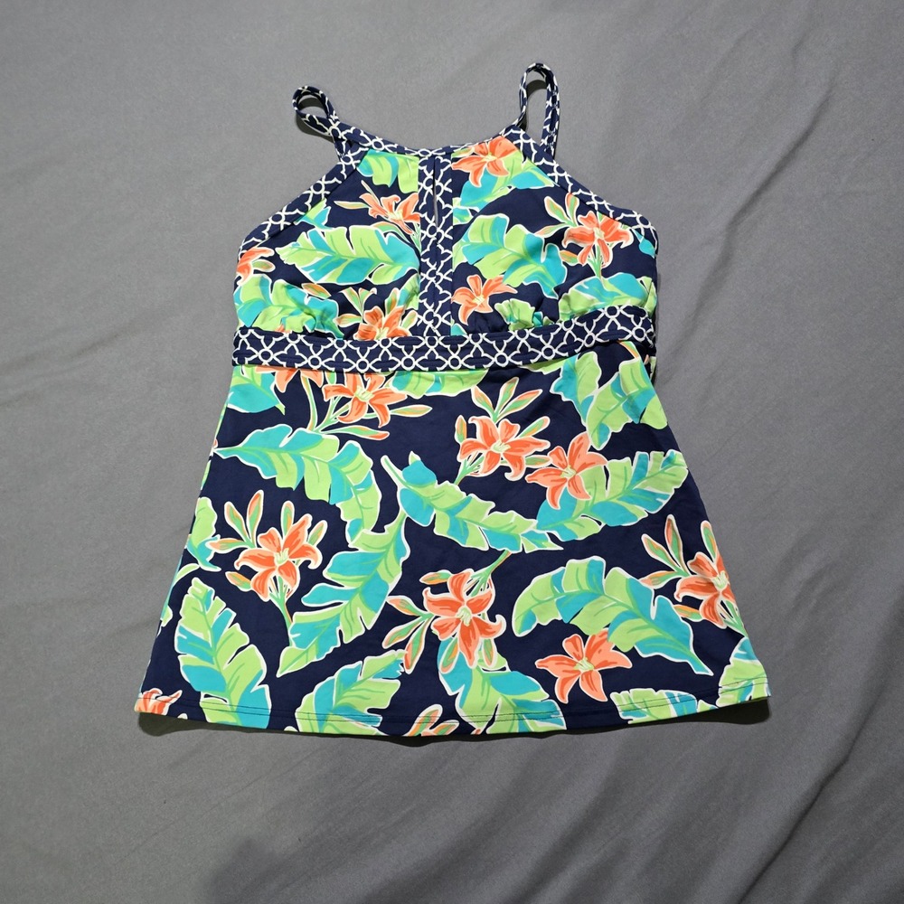 Lands End Tankini Top Womens 4 Navy Blue Floral Tropical High Neck Swimwear
